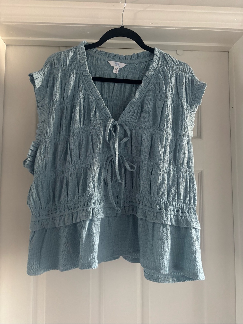 Time and Tru Light Blue Textured Tie-Front Peasant Blouse